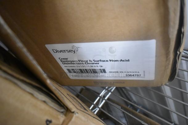Diversey Crew Restroom Floor Cleaner box, labeled non-acid disinfectant, 2x1.5L, Made in Canada, item 3364707.