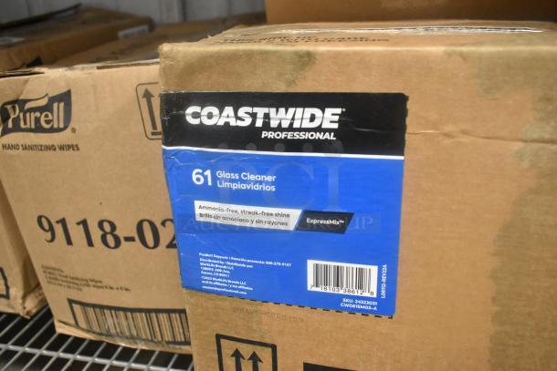7 items including Coastwide Glass Cleaner and Purell 9118-02 Hand Sanitizing Wipes. Auction box display.