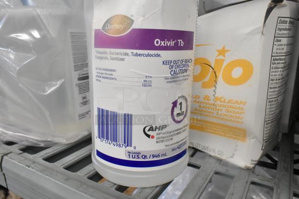 Diversey Oxivir Tb Sanitizer bottle with label visible; includes cleaning properties and active ingredients.