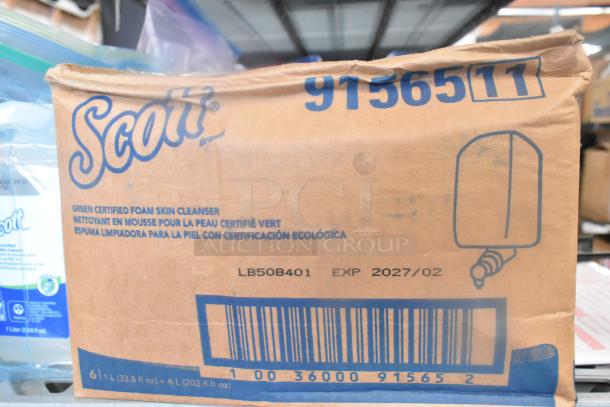 20 various items, including Bunn 20138.1000 filters, Diversey Oxivir sanitizer, and Scott foam skin cleanser. Box shows Scott branding and expiration date 02/2027.