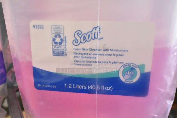 Scott Foam Skin Cleanser, 1.2L, with moisturizers, in plastic bottle. Visible label includes recycling info and product details.