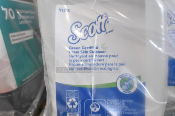 Scott Green Certified Foam Skin Cleanser label, eco mark, recycle instructions. Auction lot includes various cleaning items.