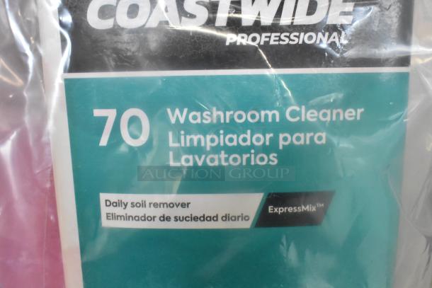 Pack of Coastwide Professional Washroom Cleaner, model 70, includes daily soil remover in English and Spanish, ExpressMix.