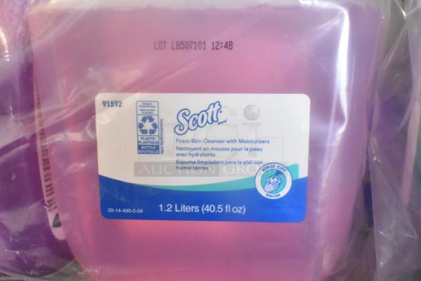 Scott Foam Skin Cleanser, 1.2L bottle with moisturizers, recycle symbol, lot number LB507101, sealed in plastic.