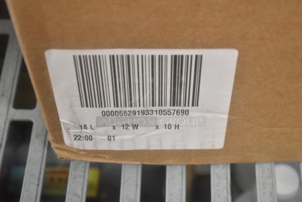 Cardboard box with barcode and dimensions label, containing 7 various items including glasses, 18"L x 12"W x 10"H.