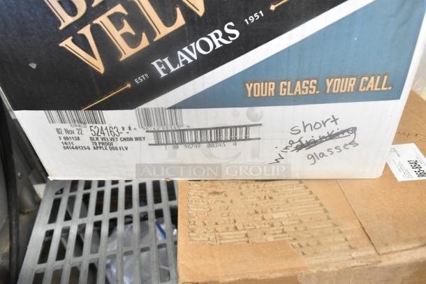Box labeled "Black Velvet" containing 7 various items, including short glasses. Marked "wine" and "drinking" crossed out.