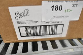 Box labeled "Scott Foam Skin Cleanser" with barcode, MFG date: 2025/05/15. Includes 12 various cleaning items.