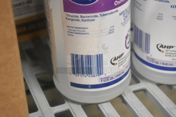 Bottle of Oxivir Tb peroxide cleaner, 1 U.S. Qt./946 mL, with AHP logo, barcode, lists hydrogen peroxide as active ingredient.