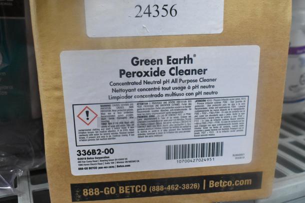 Box of Green Earth Peroxide Cleaner with label detailing usage, warnings, and contact information; item code 336B2-00.