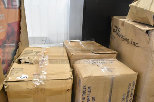 Boxes containing 8 items, including an Assure 190M22HSHRDR shredder attachment and poly drop-in bins. Packaging shows wear.