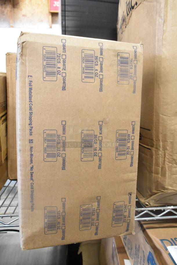 Cardboard box with printed details on cold shipping packs, assorted sizes, stacked on a metal shelf, used condition.