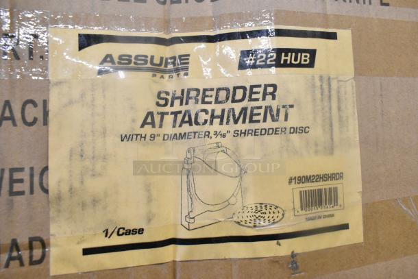 Assure 190M22HSHRDR Shredder Attachment label on box, includes 9" diameter shredder disc, marked #22 Hub, Made in China.