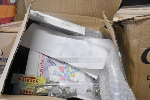 Box containing various items including an Assure 190M22HSHRDR shredder attachment, poly bins, and miscellaneous supplies.