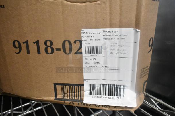 Cardboard box labeled "9118-02" containing 8 items, including Assure 190M22HSHRDR shredder attachment and poly drop-in bins. Shipping label shows SKU 862426 and destination details.