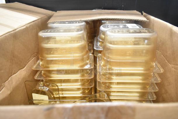 Box containing multiple transparent poly drop-in bins. Stacked neatly inside a cardboard box. New condition.