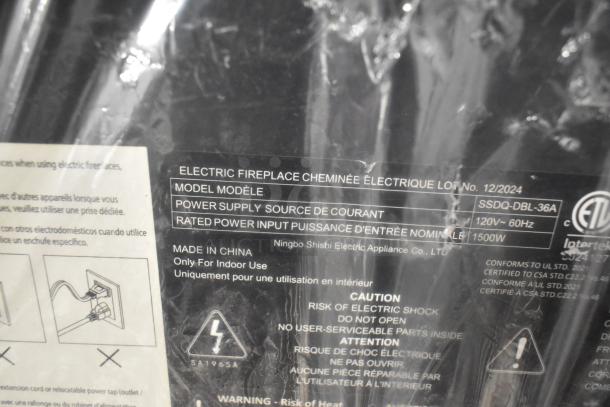 2024 SSDQ-DBL-36A Electric Fireplace label, 120V, 60Hz, 1500W. Made by Ningbo Shishi Electric. Indoor use only.