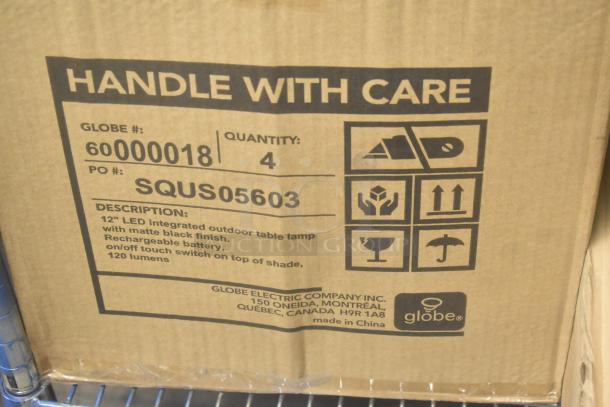 Cardboard box labeled "Handle With Care," Globe #6000018, containing 12" LED outdoor table lamp, matte black, rechargeable.