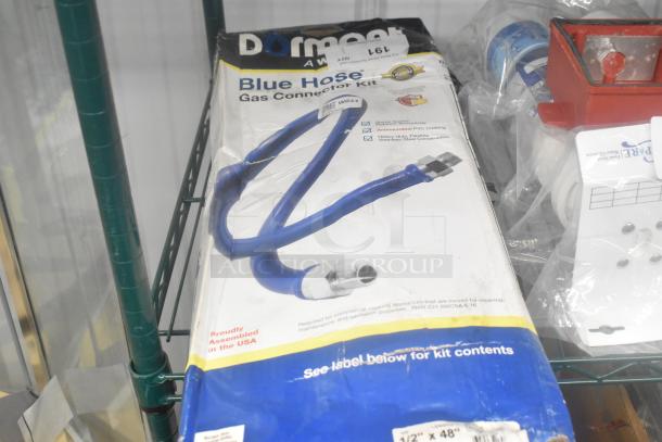 Brand new Dormont 1650KIT48 gas connector kit, 48" length, 1/2" diameter, includes two elbows, restraining cable, in original packaging.
