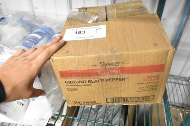 Box of Sysco Classic Ground Black Pepper, 21.1 oz, showing a hand for scale. Box labeled "Reorder #4123212" and "Store in a cool, dry place."