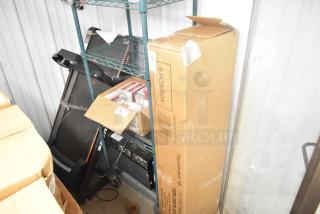 Brand new market umbrella in box, model MS5608811816032, 7.5/9 ft, with minor scratches and dents visible on packaging.
