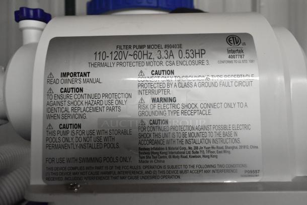 90403E Filter Pump, 110-120V, 0.53HP, thermally protected motor. Warnings: electric shock risk, for storable pools only.