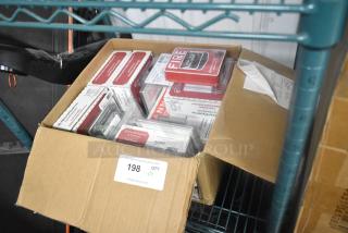 Box containing 10 fire alarm pull down boxes, multiple brands. Includes packaging with fire safety labels. Auction item 198.
