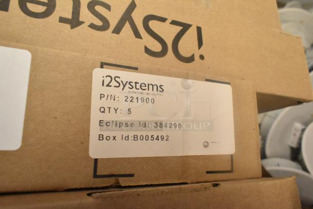5 i2Systems NX1-11W-00K-00-S-FX1-S lights in box, labeled P/N: 221900, Eclipse Id: 384296, Box Id: B005492.