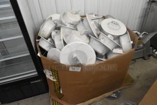 Lot of CBB-8 ceiling mount speakers in a large cardboard box, various conditions, includes fire labels.