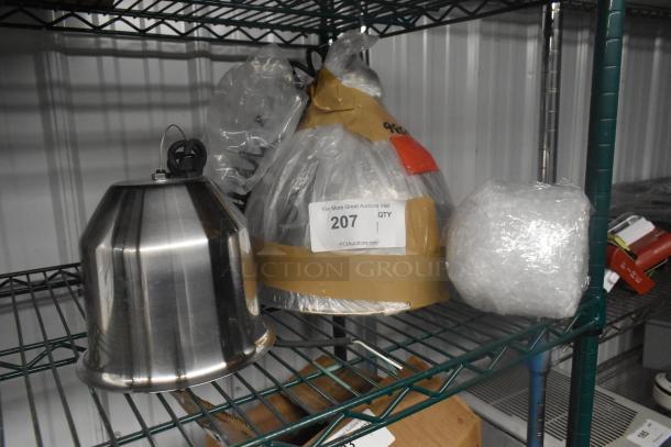 Metal ceiling mount heat lamp, shiny finish, packaged with labeling indicating auction lot 207. Appears in unused condition.