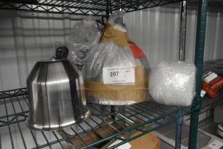 Metal ceiling mount heat lamp, shiny finish, packaged with labeling indicating auction lot 207. Appears in unused condition.