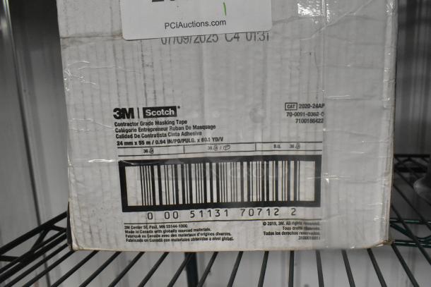 Box of 3M Scotch Contractor Grade Masking Tape, 24mm x 55m, model 2020-24AP, made in Canada, sealed condition.