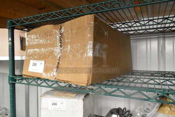 Box labeled "209" containing a lot of 4 commercial casters, sealed with transparent tape, on a metal shelf.