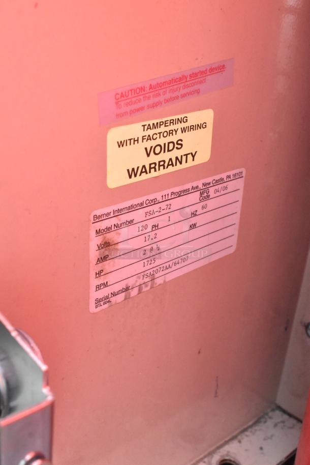 Berner FSA-2-72 Metal Air Curtain with 120 Volts, 1 Phase. Labels warn against tampering, indicating a voided warranty.