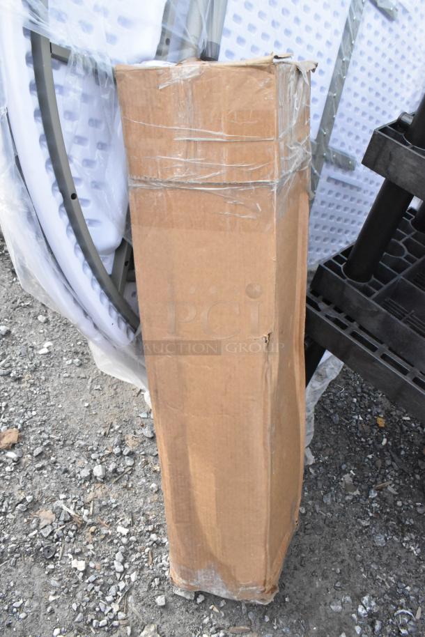 Box containing 6 new Lancaster Table & Seating 37.5" bar height table base columns and rods. Sealed and unopened.