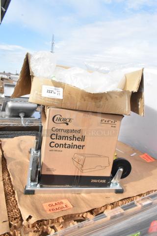 Box of Choice 8" x 6" x 3" corrugated clamshell containers with window, metal dolly underneath, labeled "Glass Fragile."