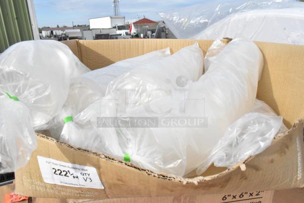 Cardboard box containing new 8" x 6" x 3" corrugated clamshell containers with window, in protective plastic, labeled for auction.