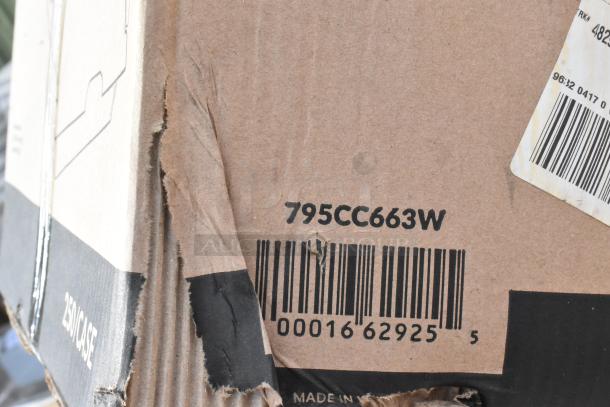 Cardboard box labeled "795CC663W" with visible barcode and slight scratches. Part of a scratch and dent auction.