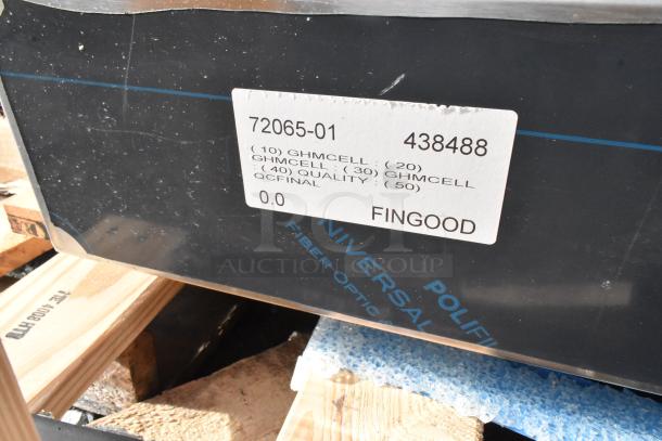 Brand new Giles GHM-8C 96 1/4" 7-well hot food merchandiser, 208/240 volts, with scratch and dent imperfections, label shows QC details.