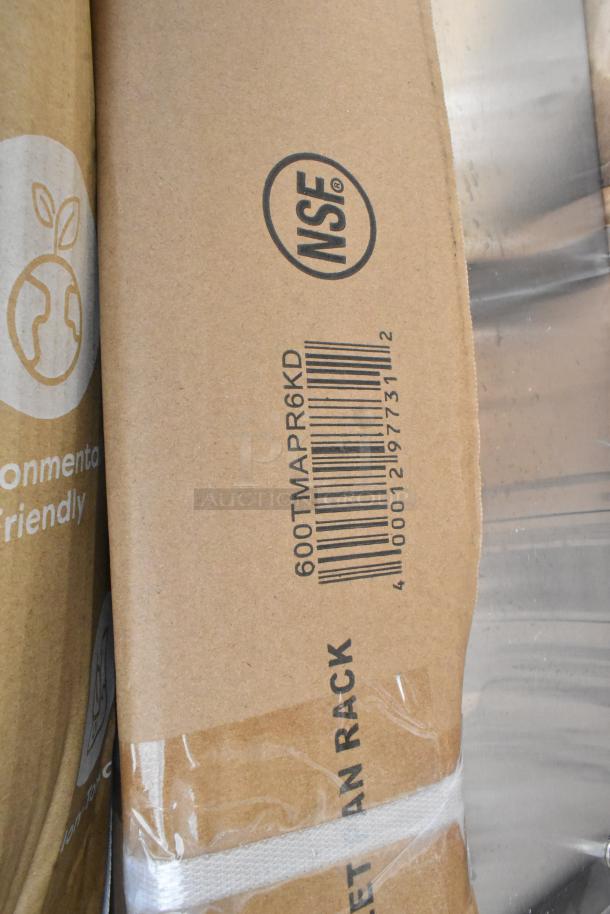 Cardboard packaging with barcode showing "600TMAPR6KD" and "NSF" logo on a Regency bun pan rack box.