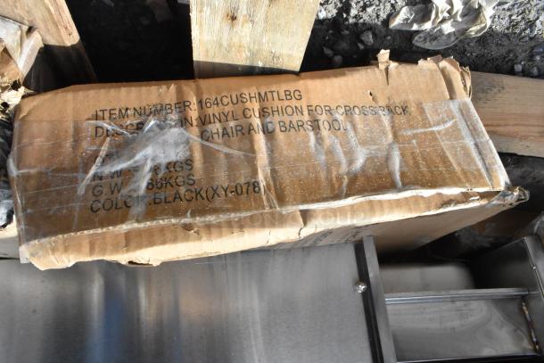 Damaged box labeled for vinyl cushion, black color (XY-078), for cross-back chair and barstool.