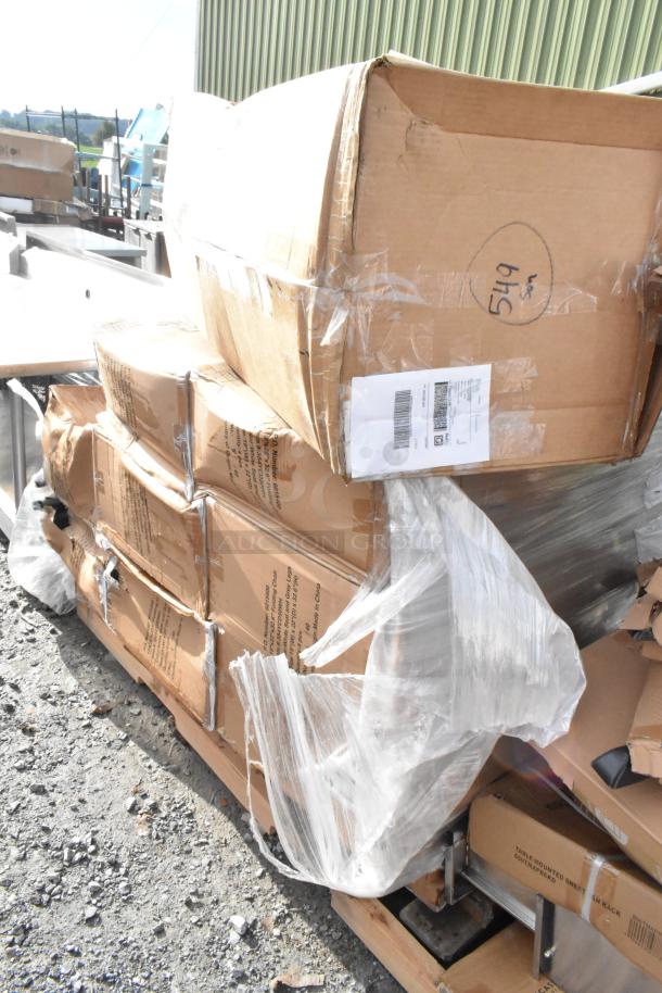Damaged boxes of 4 Lancaster Table & Seating white contoured folding chairs, gray frame, sage gray legs. New, scratch and dent.