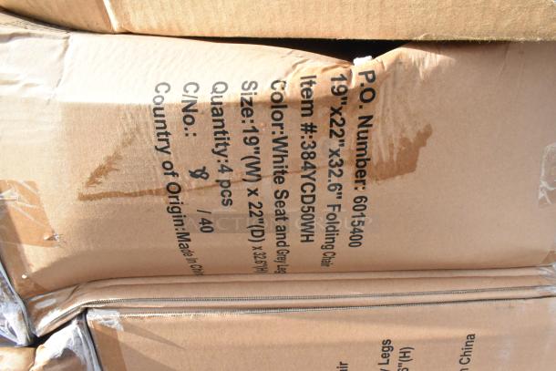 Boxes labeled for 6 new Lancaster white folding chairs with gray frame. Model 384YCD50WH. Scratch and dent condition.