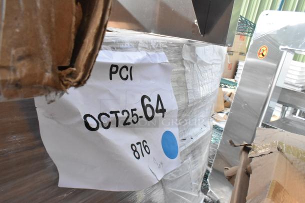 Six boxes of 4 Lancaster Table & Seating white contoured injection molded folding chairs, gray frame, sage gray legs, new scratch and dent condition. Label reads "OCT25-64 876" with blue dot.