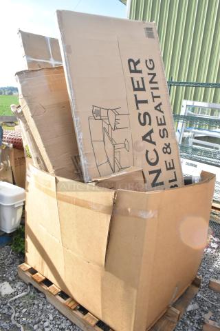 Box containing 8 brand new scratch and dent items including hood filter, folding table, outdoor tables, and changing station.