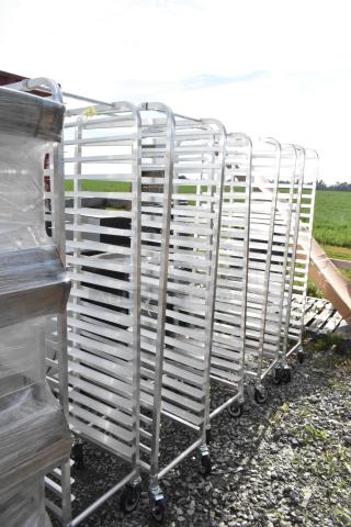 5 brand new Regency 600STPR20KD aluminum steam table pan racks, 20 pan capacity, scratch and dent condition.