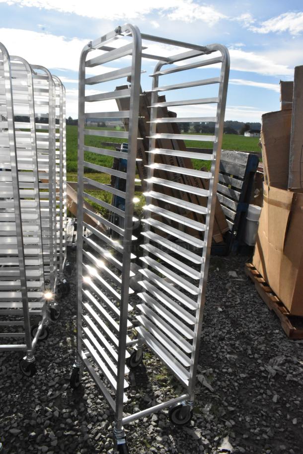 5 brand new Regency 600STPR20KD 20-pan aluminum steam table pan racks, scratch and dent condition. Gleaming metal finish.