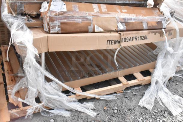Regency 109APR1820L sheet pan rack in packaging, minor box damage, includes casters; new, scratch and dent condition.