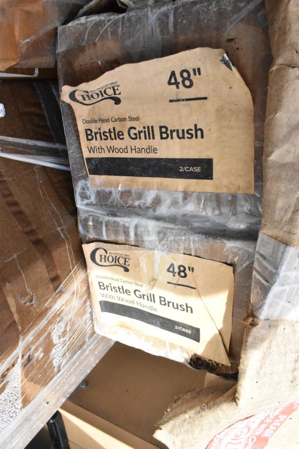48" Choice Bristle Grill Brush, double head carbon steel, wood handle. New, 2 per case. Slight box damage, intact contents.