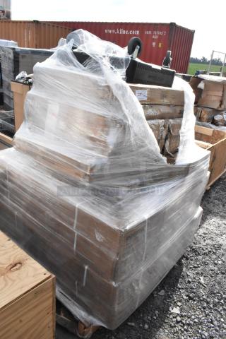 Shrink-wrapped pallet with 15 new scratch and dent items, including a wall shelf, food pan carriers, and a table, labeled "REGNC."