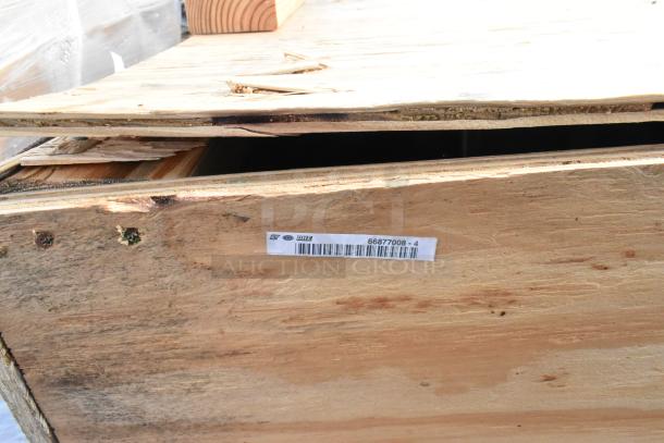 BRAND NEW SCRATCH AND DENT item in wooden crate, showing visible scratches and dents. Barcode label: 66877008-4.